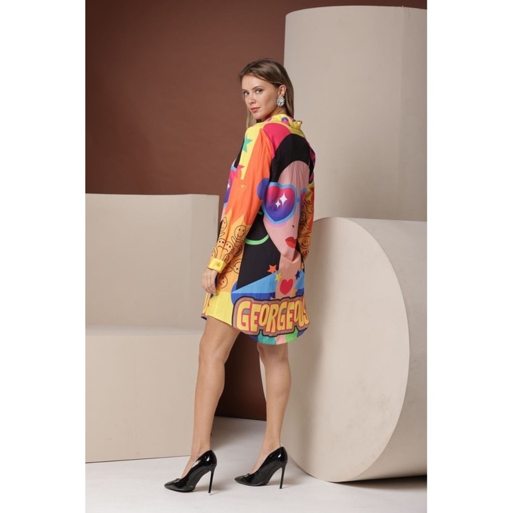Denim Love‎ Pop Art Graphic Shirt Dress Multicolor Mini Dress Small NEW
